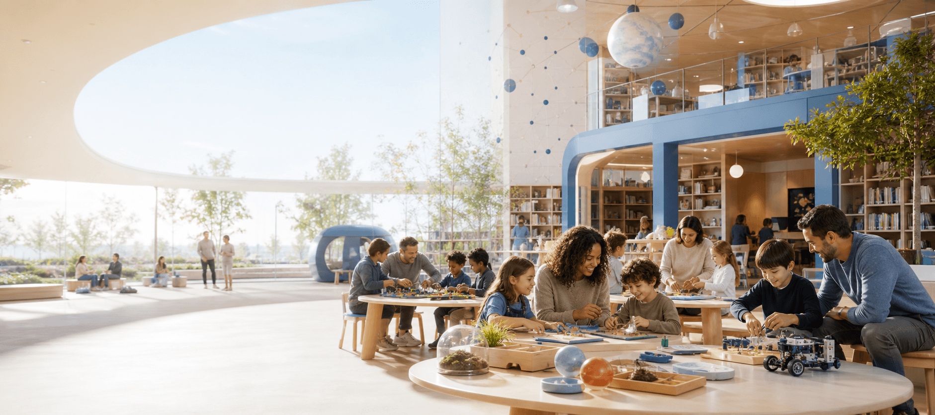 Parents and children collaborating in a bright future-ready learning space