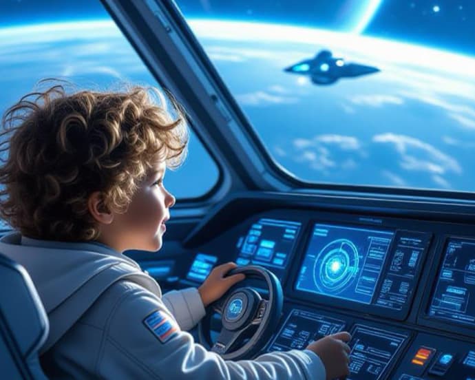 Child piloting space ship