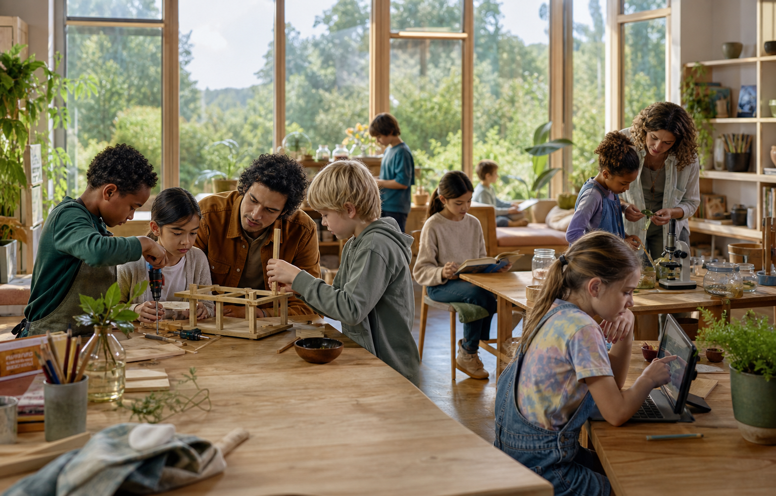 Children and adult mentors learning, building, reading, and creating together in a bright nature-connected space